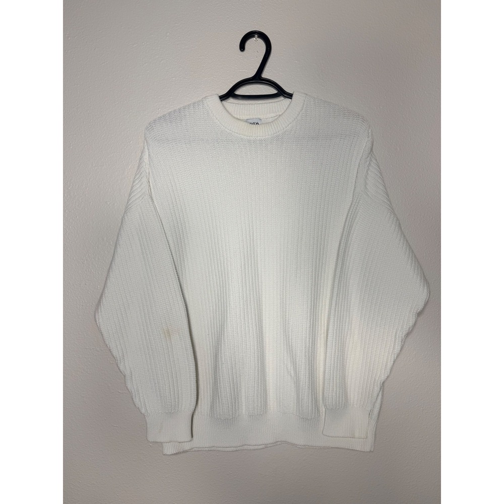 Zara Womens Ribbed Knit Crew Neck Sweater Cream White Oversized Pullover Medium